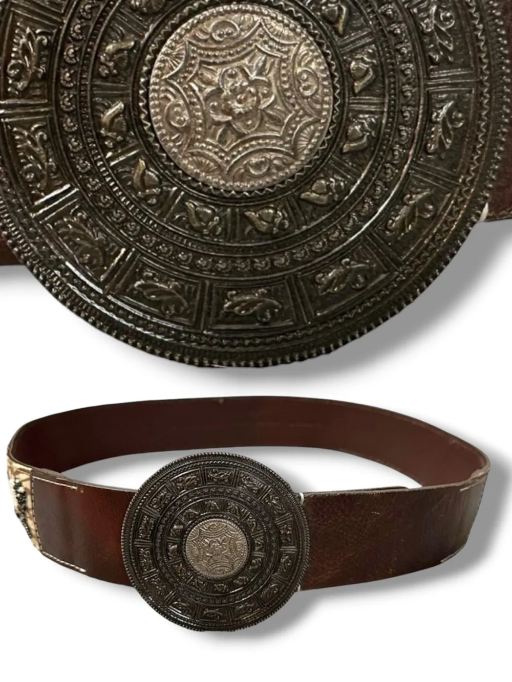 Chico’s Bohemian Medallion Beaded Brown Leather Belt Small 38.5” Coastal Boho